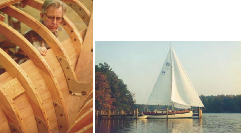 Godspeed, Mark Gearhart’s handsome Bristol Channel Cutter designed by Lyle Hess, dries her sails after a run down Chesapeake Bay from Annapolis, Maryland, to Reedville, Virginia, at right. Lyle Hess, facing page, inspects the ribs of Lin and Larry Pardey’s Taleisin, 1983.