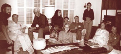 A hall-of-fame gathering of sailors in 1979. Members of this group enjoyed time together while presenting seminars during a week-long circumnavigators’ convention at Orange Coast College in Costa Mesa, California. From left to right: Larry Pardey, Lyle Hess, Miles Smeeton, Lin Pardey, Ginger Lee Field (center), Dwight Long, John Guzzwell, Maureen Guzzwell, Peggy Slater, and Beryl Smeeton.