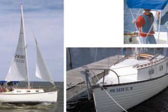Lyle Hess’ popular design, the Montgomery 23. Misty shows her spunk in a late fall blow on Lake Superior, on facing page. Bob and Sylvia Mann and Misty at right.