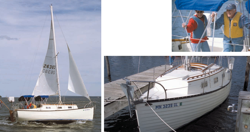 Lyle Hess’ popular design, the Montgomery 23. Misty shows her spunk in a late fall blow on Lake Superior, on facing page. Bob and Sylvia Mann and Misty at right.