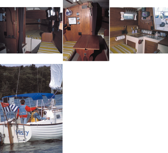 Misty’s interior, above, is cozy and inviting. Sylvia takes the helm at left. Bob does the deck work and sheet trimming.