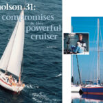 Jeff Fletcher sails the Terri G, a Nicholson 31, at right, with what he says are “the two best features of the boat: boat mascot, Moose, and my wife, Terri” (inset). Jeff and Terri sail near St. Simons, Georgia. Pagan Knight, owned by Roger Luddeni, facing page, races in the Daytona Beach-to-Bermuda Race in 1985, a “shake-down cruise,” as he recalls the trip. He and Christine Powell cruise the Florida east coast.