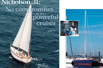 Jeff Fletcher sails the Terri G, a Nicholson 31, at right, with what he says are “the two best features of the boat: boat mascot, Moose, and my wife, Terri” (inset). Jeff and Terri sail near St. Simons, Georgia. Pagan Knight, owned by Roger Luddeni, facing page, races in the Daytona Beach-to-Bermuda Race in 1985, a “shake-down cruise,” as he recalls the trip. He and Christine Powell cruise the Florida east coast.