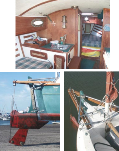 Down below, the Nimble 24 has crouching headroom, at top, plus a 20-gallon water tank, a Porta Potti, and 6-foot bunks. The rudder, at left, for the centerboard model is a curious affair with a pop-up section. The mizzen mast, tiller, outboard, and boomkin, at right.