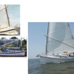 As she plows through the water, at left, or rests at a dock, below, the Nonsuch shows the plumb bow, vertical transom, and roomy sidedecks characteristic of the Nonsuch line. Hackett Cummins’ Pelican, on opposite page, sails the Mississippi Gulf Coast. Her stubby bowsprit is capable of holding two anchors at the ready.