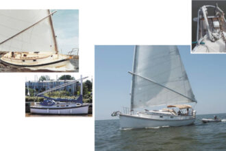 As she plows through the water, at left, or rests at a dock, below, the Nonsuch shows the plumb bow, vertical transom, and roomy sidedecks characteristic of the Nonsuch line. Hackett Cummins’ Pelican, on opposite page, sails the Mississippi Gulf Coast. Her stubby bowsprit is capable of holding two anchors at the ready.
