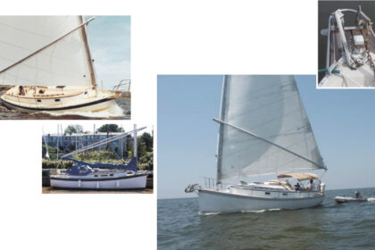 As she plows through the water, at left, or rests at a dock, below, the Nonsuch shows the plumb bow, vertical transom, and roomy sidedecks characteristic of the Nonsuch line. Hackett Cummins’ Pelican, on opposite page, sails the Mississippi Gulf Coast. Her stubby bowsprit is capable of holding two anchors at the ready.