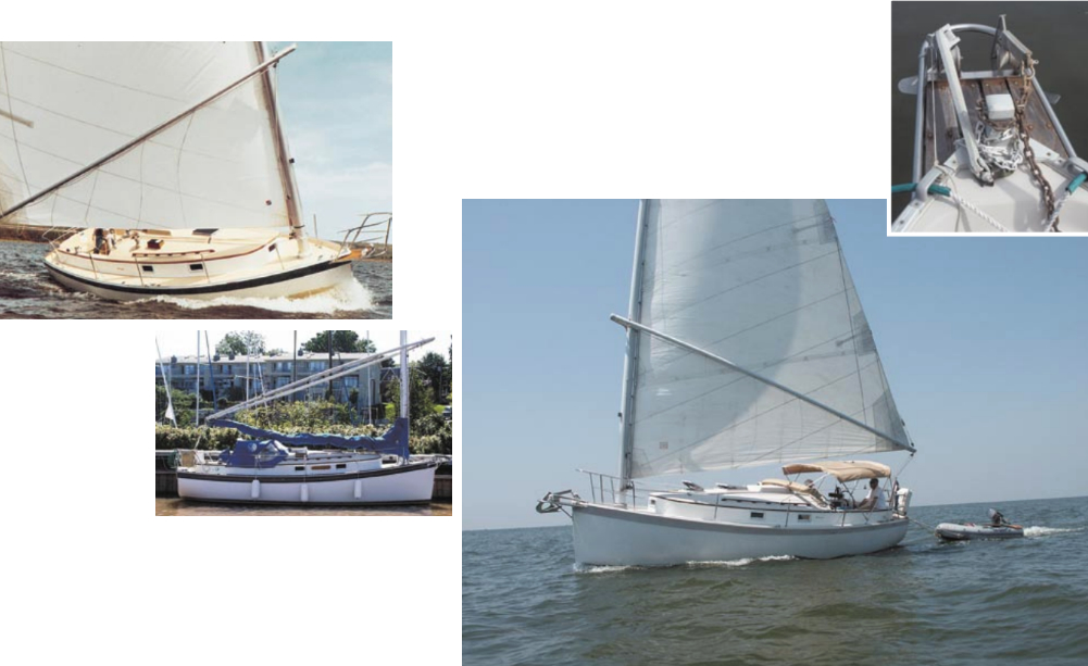 As she plows through the water, at left, or rests at a dock, below, the Nonsuch shows the plumb bow, vertical transom, and roomy sidedecks characteristic of the Nonsuch line. Hackett Cummins’ Pelican, on opposite page, sails the Mississippi Gulf Coast. Her stubby bowsprit is capable of holding two anchors at the ready.