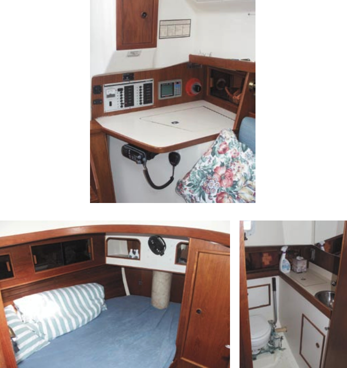 There are no quarter berths in the Ultra 26 layout, at left; a cooler and nav station is located where one quarterberth would be positioned. Pelican has a double bunk forward, bottom left, with a hanging locker and small seat opposite. The head, bottom right, is aft.