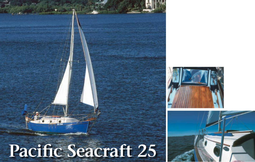 Sea Hag, Doug Hewins’ Pacific Seacraft 25, trips the light fantastic in Sarasota, on facing page and on the cover. Sea Hag’s deck, at right. A comparison of her deck with that of Raven, above, gives an example of the standard boat as delivered and the more expensive version with every available option, including teak seahoods, decks, and cockpit grates . . . even a private-cabin option with a wonderfully crafted door.
