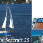 Sea Hag, Doug Hewins’ Pacific Seacraft 25, trips the light fantastic in Sarasota, on facing page and on the cover. Sea Hag’s deck, at right. A comparison of her deck with that of Raven, above, gives an example of the standard boat as delivered and the more expensive version with every available option, including teak seahoods, decks, and cockpit grates . . . even a private-cabin option with a wonderfully crafted door.
