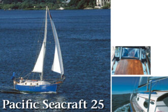 Sea Hag, Doug Hewins’ Pacific Seacraft 25, trips the light fantastic in Sarasota, on facing page and on the cover. Sea Hag’s deck, at right. A comparison of her deck with that of Raven, above, gives an example of the standard boat as delivered and the more expensive version with every available option, including teak seahoods, decks, and cockpit grates . . . even a private-cabin option with a wonderfully crafted door.