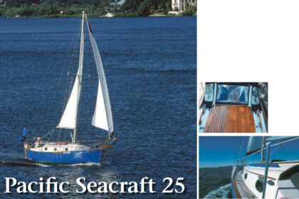 Sea Hag, Doug Hewins’ Pacific Seacraft 25, trips the light fantastic in Sarasota, on facing page and on the cover. Sea Hag’s deck, at right. A comparison of her deck with that of Raven, above, gives an example of the standard boat as delivered and the more expensive version with every available option, including teak seahoods, decks, and cockpit grates . . . even a private-cabin option with a wonderfully crafted door.