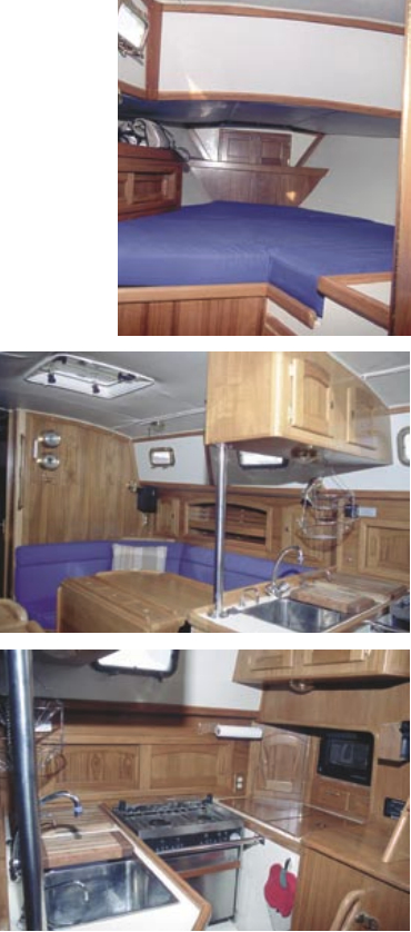 The spacious V-berth, at right, with a bit of stowage space tucked in nearby. The main cabin with folding table, center, and the galley, which Bill Crealock says is not quite a wraparound galley, bottom.