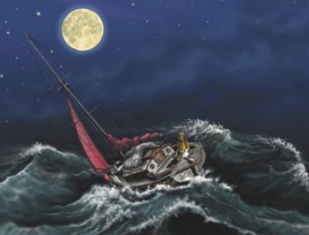 Illustration of a boat in a stormy sea at night