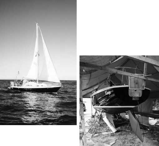 Xingu during and after the refit at right and above. Having a boat at home and protected from the elements makes a big difference when the job list is extensive.