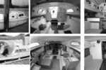 Above, Xingu, before and after her refit. Douglas and Bonnie Nikkila at home on board. Note the window modifications to accommodate opening ports. Facing page, Douglas and Bonnie removed most of the interior and hull liner to begin the refit. The completed interior at far right.