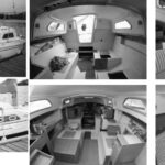 Above, Xingu, before and after her refit. Douglas and Bonnie Nikkila at home on board. Note the window modifications to accommodate opening ports. Facing page, Douglas and Bonnie removed most of the interior and hull liner to begin the refit. The completed interior at far right.