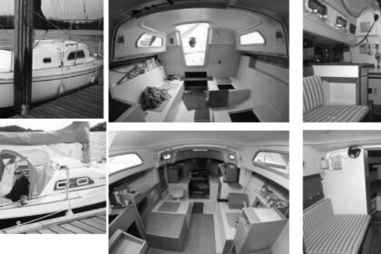 Above, Xingu, before and after her refit. Douglas and Bonnie Nikkila at home on board. Note the window modifications to accommodate opening ports. Facing page, Douglas and Bonnie removed most of the interior and hull liner to begin the refit. The completed interior at far right.