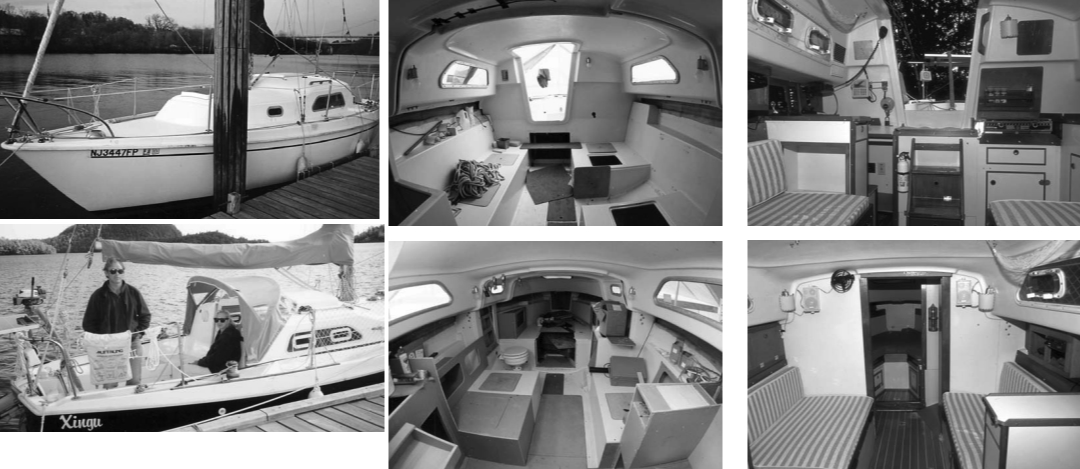 Above, Xingu, before and after her refit. Douglas and Bonnie Nikkila at home on board. Note the window modifications to accommodate opening ports. Facing page, Douglas and Bonnie removed most of the interior and hull liner to begin the refit. The completed interior at far right.