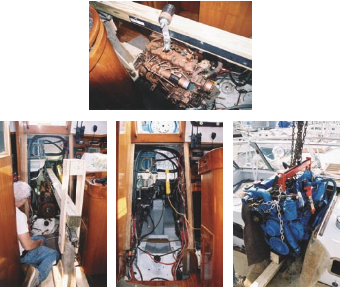 Sonny replaced the 44-hp engine, at left, with a more powerful one, below, which barely fit through the companionway.