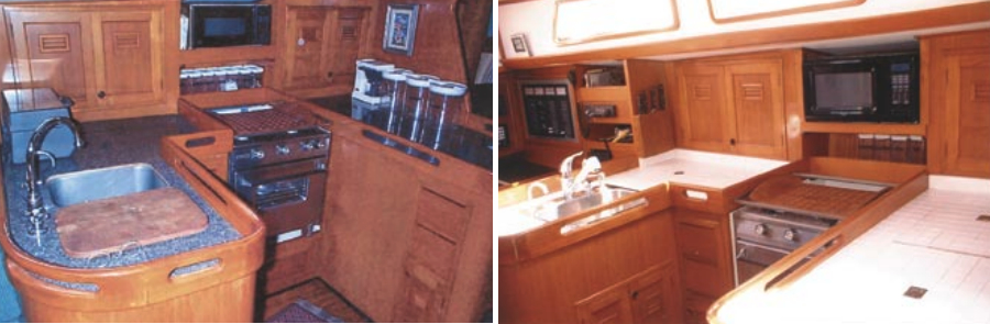 The galley, before, at left, and after, at right on facing page. For the most part, Sonny left Neshuma’s interior as it was, concentrating instead on her sailing characteristics and exterior. However, he did rewire her and added an alternator and inverter. He also ripped out all leaking ports (that is to say all ports) and redesigned them, modified the folding table that blocked traffic through the boat, tiled the head and galley countertops and sole in the head, and revised the navigation station.