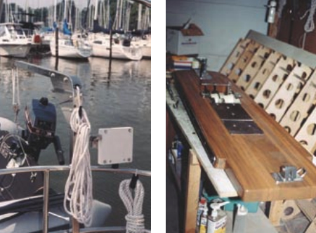 Sonny welded his own davits for the dinghy, at far left, and constructed the anchor platform, at near left, out of laminated teak stripes.