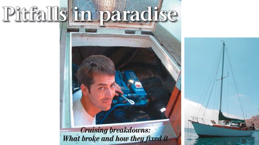 Wrench in hand, Mark Matthews attests that every cruiser will eventually find him- or herself wrapped around a dormant engine with a mysterious problem, facing page. A 35-foot Chris-Craft, at right, replaced the Westerly Centaur. The new boat was already equipped for cruising, but Mark and Laurie still had much to do to make it theirs.