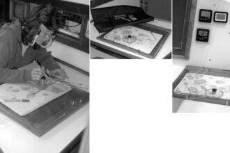 Karen Larson checks out the new navigation tool aboard Mystic, a Weems & Plath Chartkit Plotter. The plotter comes with a case, facing page at left, to protect it when stowed. It fits flat against one side of Mystic’s wet locker. Facing page below right: a portable charting table which can be used in the cockpit. What a concept!