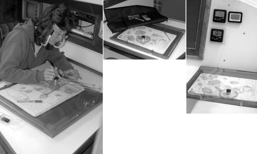 Karen Larson checks out the new navigation tool aboard Mystic, a Weems & Plath Chartkit Plotter. The plotter comes with a case, facing page at left, to protect it when stowed. It fits flat against one side of Mystic’s wet locker. Facing page below right: a portable charting table which can be used in the cockpit. What a concept!