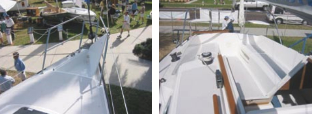 The Precision 23’s uncluttered bow, at left. The boat’s cockpit, at right, contains a sail locker and an open-sided fuel-tank-storage locker.