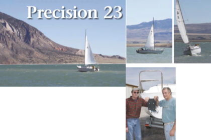 Chris Allen and Carol Jackson’s Precision 23, Amamapare, adds a taste of salt water to the desert hills of the Buffalo Bill Reservoir in Wyoming, above, and at top of facing page. Precision Boat Works founders, brothers Bill and Richard Porter, at the factory in Palmetto, Florida, below on facing page.