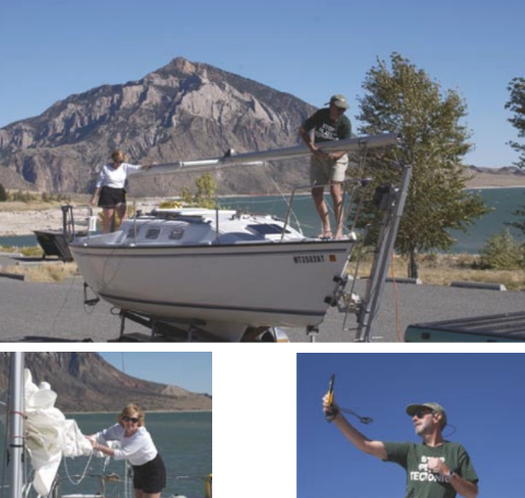 Chris Allen and Carol Jackson prepare to launch Amamapare for a day on the water, above. Carol prepares the sail, at left, and Chris checks the windspeed, at right.