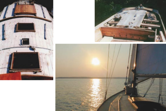 Initially a bit overwhelmed by the scope of the project, Tom spent the first winter doing cosmetic work by refinishing some of the trim. But he soon set forth steadfastly on a project that was completed in three years. A nearly new Zephyr sails off into the sunset, below. Tom’s dream and subsequent refit led to the creation of a film on the restoration: Dream of Wooden Boats. For more, visit .