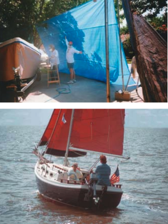 The trio of sailors installed an impromptu painting booth of sorts, above, and sprayed two-part polyurethane on the hull and the deck. Ravensail lives up to her name, below, and she does it with grace and charm. Part of the joy of bringing a boat back, Richard says, is having other boaters chase you down to tell you what a beautiful boat you have. Pride of ownership and pride of workmanship? You bet.