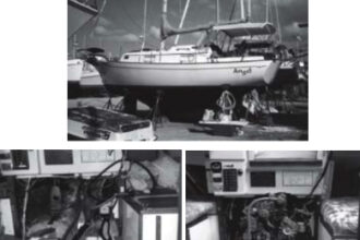 Angel, a 1978 Bayfield 29, above, shows her full profile. Before and after photos of the interior and engine compartment, at left and right, tell the story of Rebecca Burg’s enthusiasm and commitment. In a recent note, Rebecca tells us that she and Angel usually cruise companionably with singlehander Bill Robinson and his 1974 Morgan Out Island ketch, Defiant.