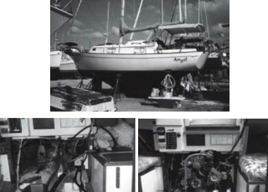 Angel, a 1978 Bayfield 29, above, shows her full profile. Before and after photos of the interior and engine compartment, at left and right, tell the story of Rebecca Burg’s enthusiasm and commitment. In a recent note, Rebecca tells us that she and Angel usually cruise companionably with singlehander Bill Robinson and his 1974 Morgan Out Island ketch, Defiant.