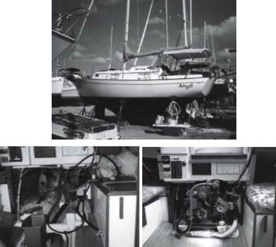 Angel, a 1978 Bayfield 29, above, shows her full profile. Before and after photos of the interior and engine compartment, at left and right, tell the story of Rebecca Burg’s enthusiasm and commitment. In a recent note, Rebecca tells us that she and Angel usually cruise companionably with singlehander Bill Robinson and his 1974 Morgan Out Island ketch, Defiant.
