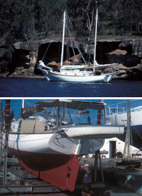 Above, Renee in cruising mode after her restoration. Reminiscent of the Herreshoff shape, Renee’s stern sections, below, resolve into tumblehome and champagne-glass transom. She was designed in the 1950s by Hugh Angelman and Charles Davies.