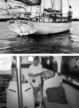 Looking better than she really was before restoration, Renee, above, is seen here in her original form. During restoration, her davits were modernized and her lovely wheel steering gave way to a simpler tiller. Patricia Lucas in the galley, below. The intruding frames across the sole were the only source of annoyance on this lovely little ship.