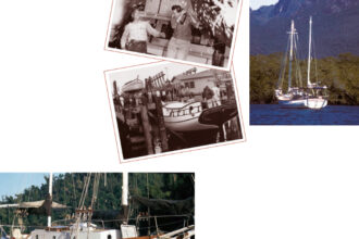 Renee Tighe, with husband Bill, top opposite page, launches her namesake at Newport Beach in December of 1957. Renee Tighe, center opposite page, waits her turn to launch behind August Moon at Newport Beach, California, in 1957. They were the first boats out of the Willard Boat Works yard. (Both photos: Beckner Photo Services California.) At left on opposite page and this page above, Renee out cruising.