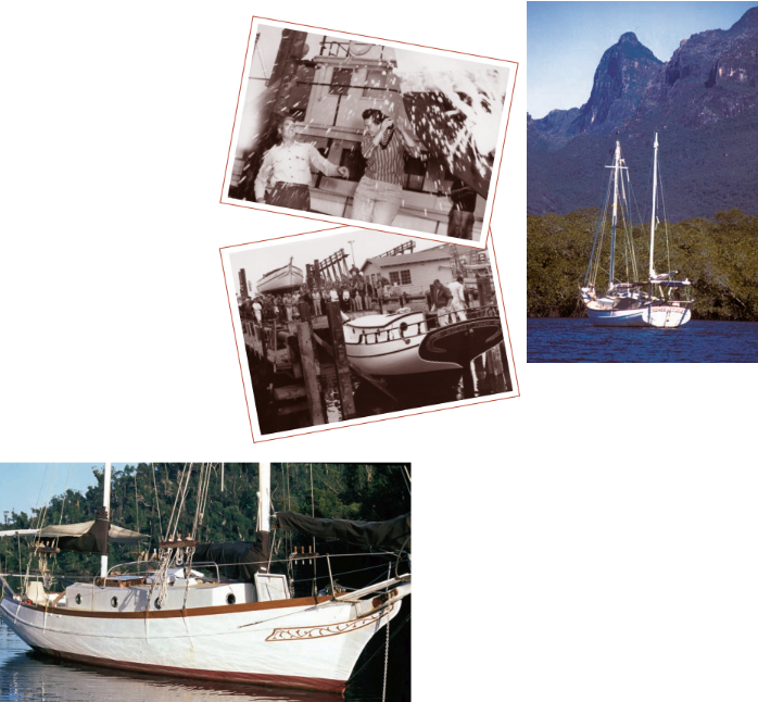 Renee Tighe, with husband Bill, top opposite page, launches her namesake at Newport Beach in December of 1957. Renee Tighe, center opposite page, waits her turn to launch behind August Moon at Newport Beach, California, in 1957. They were the first boats out of the Willard Boat Works yard. (Both photos: Beckner Photo Services California.) At left on opposite page and this page above, Renee out cruising.