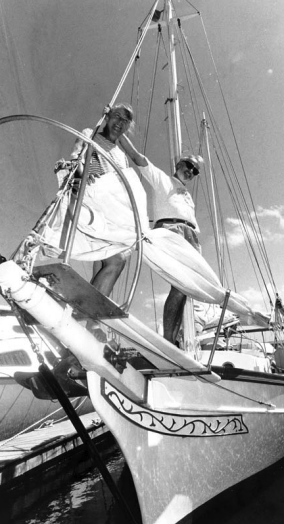 Patricia and Alan Lucas aboard their newly restored Renee Tighe, in 1990. She took a year to restore which included a full makeover. (Photograph courtesy of Coffs Harbour Advocate Newspaper.)