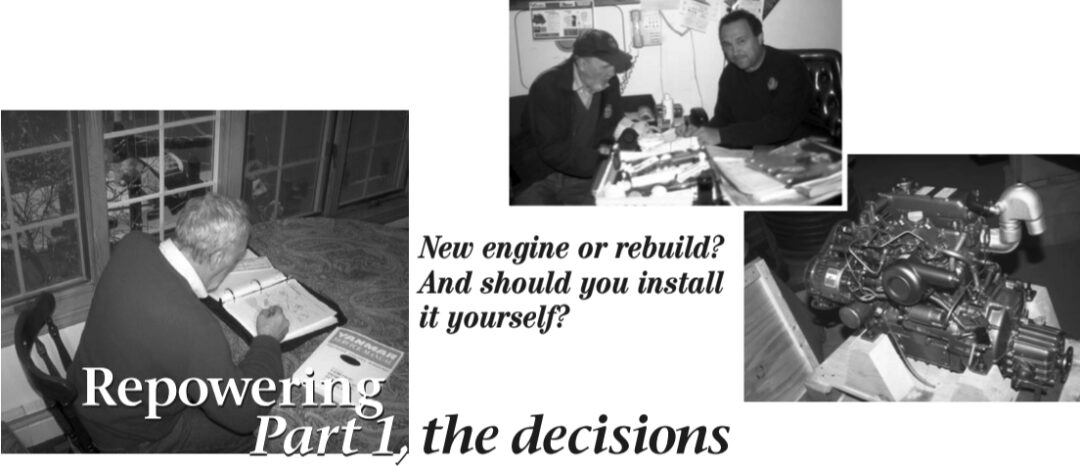 Previous page, on a cold February day, Don studies his engine replacement information. Delphinus rests outside awaiting her new engine. Above, discussing the proposed engine replacement with Tom Dittamo of Harbor Marine Engines. At right, the new Yanmar 3GM30F is delivered early, which gives Don adequate time in which to measure it and familiarize himself with it.