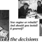 Previous page, on a cold February day, Don studies his engine replacement information. Delphinus rests outside awaiting her new engine. Above, discussing the proposed engine replacement with Tom Dittamo of Harbor Marine Engines. At right, the new Yanmar 3GM30F is delivered early, which gives Don adequate time in which to measure it and familiarize himself with it.