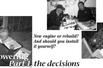 Previous page, on a cold February day, Don studies his engine replacement information. Delphinus rests outside awaiting her new engine. Above, discussing the proposed engine replacement with Tom Dittamo of Harbor Marine Engines. At right, the new Yanmar 3GM30F is delivered early, which gives Don adequate time in which to measure it and familiarize himself with it.