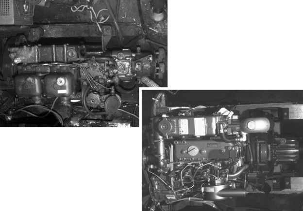 Out with the old (Volvo), above. In with the new (Yanmar), at right.