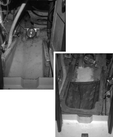 Before and after: preparations for the installation of a smaller Beta Marine engine in a C&C 30 required a new engine bed and oil drip pan to be constructed. This boat began life with an Atomic 4 which was later replaced by a Bukh and finally the Beta.