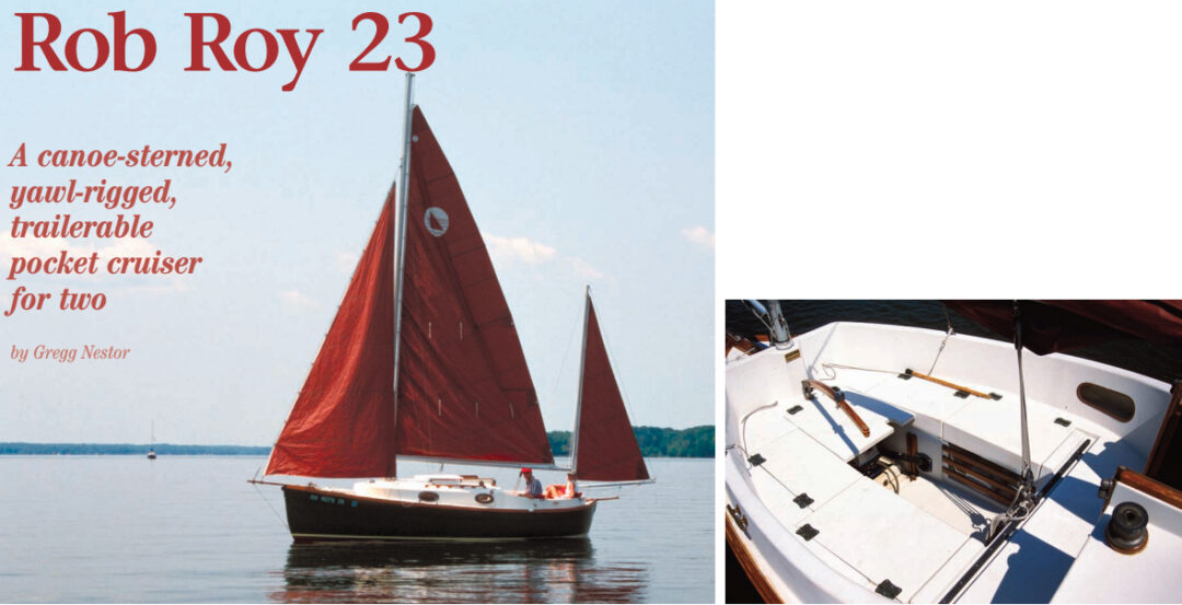 Even though the cockpit is 6 feet 6 inches long (right), the canoe stern, mizzen mast, inboard tiller, and outboard motor well gobble up space at an alarming rate. The deep cockpit is ideal for two. John Oney, facing page, ghosts along on Pennsylvania’s Pymatuning Reservoir in his 1986 Rob Roy 23.