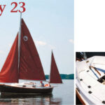 Even though the cockpit is 6 feet 6 inches long (right), the canoe stern, mizzen mast, inboard tiller, and outboard motor well gobble up space at an alarming rate. The deep cockpit is ideal for two. John Oney, facing page, ghosts along on Pennsylvania’s Pymatuning Reservoir in his 1986 Rob Roy 23.